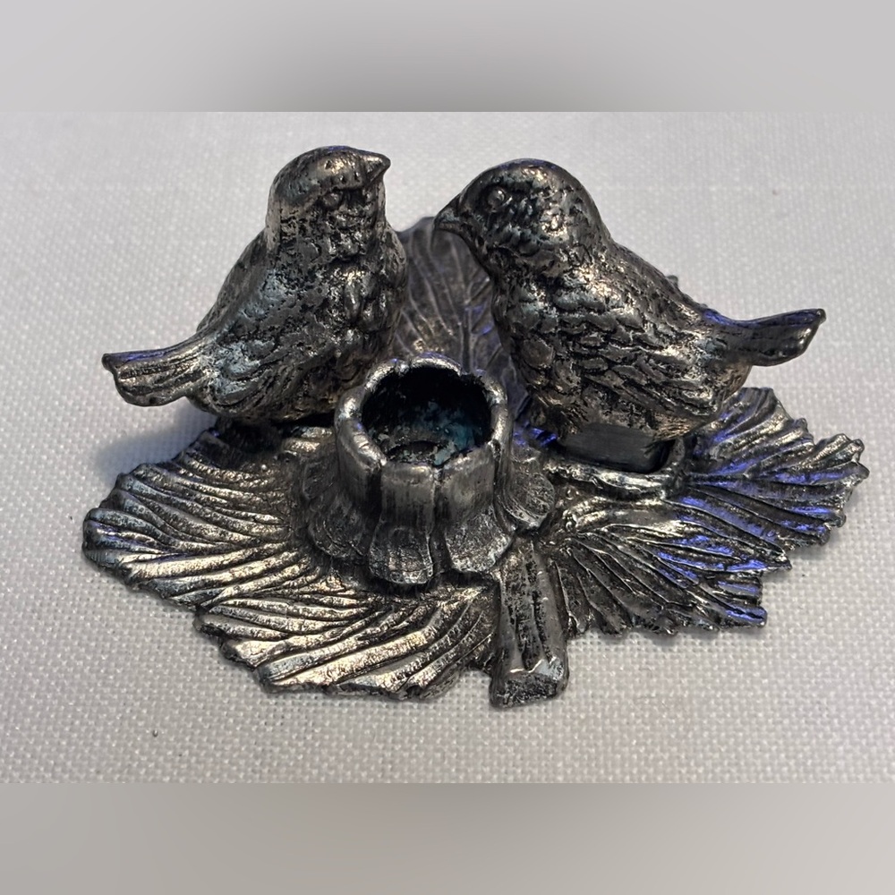 Antiqued Pewter Plate by Metzke, 1975. Two Birds on a leaf candle holder
